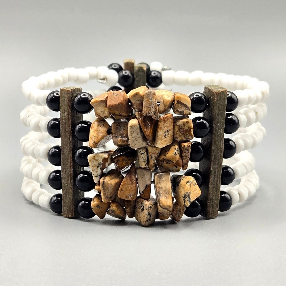 Handmade Jasper Stone Chip Multi Strand‎ Memory Wire Cuff Bracelet White Black